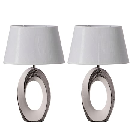 Quickway Imports Ceramic Table Lamp 19 inch, w/Silver and White Oval Stand and White Cotton Lampshade, 2PK QI004585.2
